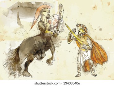An hand-drawn illustration (converted into 4 layers vector) in ancient Greek myths and legends: THESEUS and CENTAUR (Theseus Defeats the Centaur).