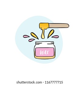 Handdrawn illustration of cosmetic wax in jar with waxing spatula