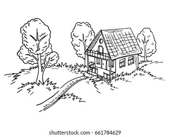 Hand-drawn illustration of a country house. Black and white sketch.