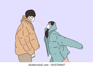Hand-drawn illustration of couple wearing face mask looking at each other. Romantic couple keep the distance during pandemic
