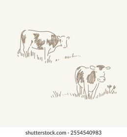 Hand-Drawn Illustration of Cows in a Pastoral Scene. line art, illustration in graphic style