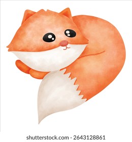 Uma ilustração desenhada à mão de uma pequena raposa aconchegante aninhada em folhas de outono, capturando o calor e o charme do outono.