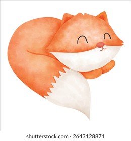 Uma ilustração desenhada à mão de uma pequena raposa aconchegante aninhada em folhas de outono, capturando o calor e o charme do outono.