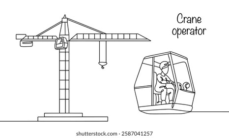 A hand-drawn illustration of a crane and a crane operator who operates the lifting, moving and installation of heavy loads. An important profession in the construction of high-rise buildings. Vector.