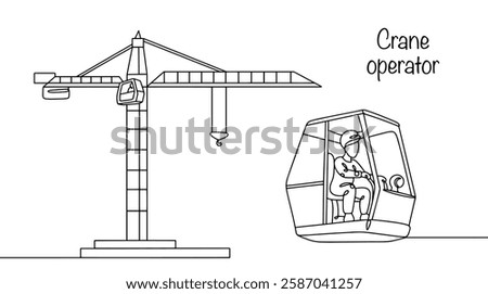 A hand-drawn illustration of a crane and a crane operator who operates the lifting, moving and installation of heavy loads. An important profession in the construction of high-rise buildings. Vector.