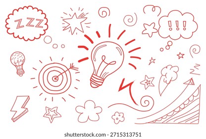 Una ilustración dibujada a mano de ideas creativas e inspiración con bombillas, burbujas de pensamiento y símbolos