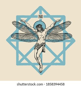 Hand-drawn illustration with a crucifix and the inscription INRI. Abstract religious banner with crucified Jesus Christ with dragonfly wings on the old paper background