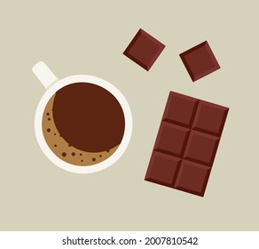 Hand-drawn illustration of a cup of coffee and chocolate bar. Colored flat vector illustration isolated on beige. Suitable for coffee shops, leisure illustrations, breaks for sweets. Slow living.