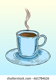 Hand-drawn illustration with a cup of coffee or tea. Colored sketch.