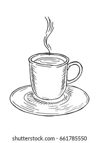 Hand-drawn illustration with a cup of coffee or tea. Black and white sketch.