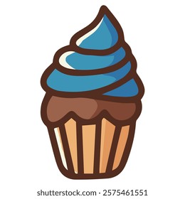 Hand-drawn illustration of a cupcake with blue frosting, perfect for dessert-themed designs, bakery ads, and children's party invitations