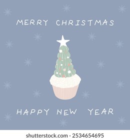  Cupcake de ilustração desenhado à mão com árvore de Natal com geada verde em um fundo azul. Feliz Natal e Feliz Ano Novo.