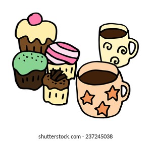Hand-drawn illustration of cups of coffee and cupcakes, vector image