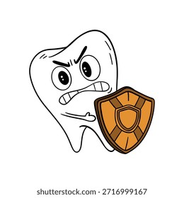 Hand-drawn illustration of a cute angry tooth holding a shield. Dental education, oral health awareness, children’s dental materials, fun dental characters