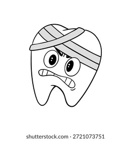 Dibujado a mano ilustración de un diente enojado lindo envuelto en un vendaje, celebrando después de ser tratado. Carácter lúdico y expresivo ideal para la educación dental