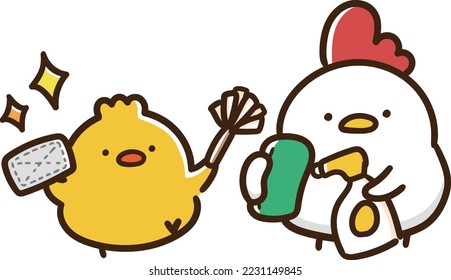 A hand-drawn illustration of a cute chick holding a rag and duster in both hands that can be used for year-end cleaning and cleaning a child's room, and a mother chicken holding a sponge and alcohol