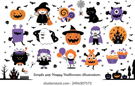 Hand-drawn illustration of cute children in Halloween costumes collecting candy with pumpkins, witches, and ghosts.