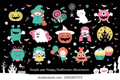 Hand-drawn illustration of cute children in Halloween costumes collecting candy with pumpkins, witches, and ghosts.