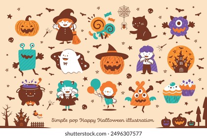 Hand-drawn illustration of cute children in Halloween costumes collecting candy with pumpkins, witches, and ghosts.