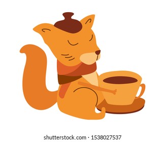 Hand-drawn illustration of cute doodle cartoon autumn squirrel with cup of coffee or tea, with scarf and hat, isolated on white background
