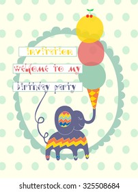Hand-drawn illustration with cute elephant, ice-cream and cherry in bright colors - decoration for birthday party. Party kids invitation. Funny vector background with place for text.
