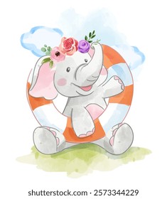 handdrawn illustration cute elephant and swim ring in floral crown cartoon 