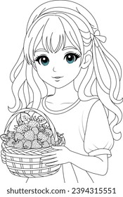 Hand-drawn illustration of cute girl holding strawberries basket coloring page for kids and adults. Food and drink colouring book