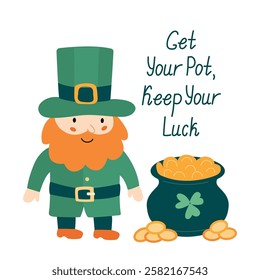 Hand-drawn illustration with a cute leprechaun, pot of gold, and festive lettering. Perfect for greeting cards, posters, and holiday decorations