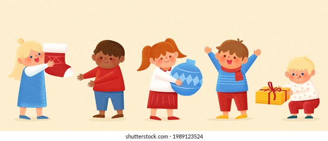 Ilustración hecha a mano de niños lindos ambientados para el día de Navidad. Niños multirraciales pasando por los adornos de Navidad en la fila