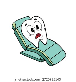 Ilustração desenhada à mão de dente assustado bonito sentado na cadeira de dentista. Educação dentária, material dentário para crianças	
