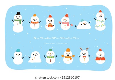 Hand-drawn illustration of a cute snowman in winter