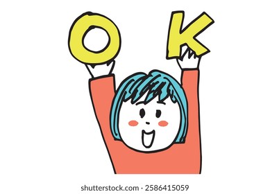 Hand-drawn illustration of a cute woman making an OK sign