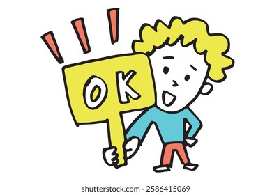 Hand-drawn illustration of a cute woman making an OK sign