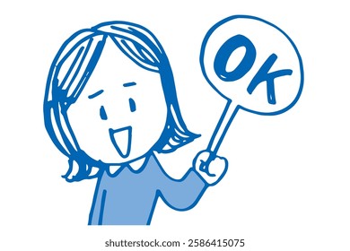 Hand-drawn illustration of a cute woman making an OK sign