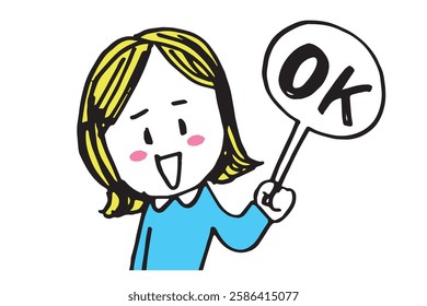 Hand-drawn illustration of a cute woman making an OK sign