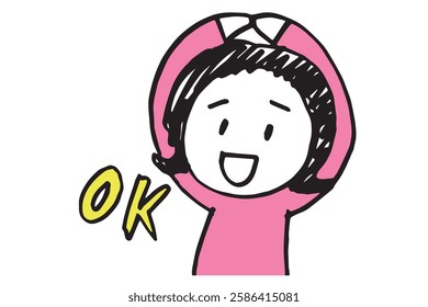 Hand-drawn illustration of a cute woman making an OK sign