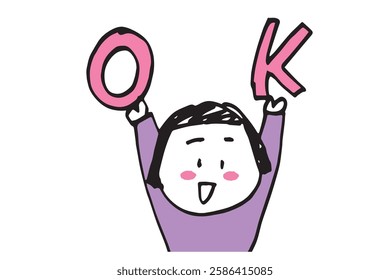 Hand-drawn illustration of a cute woman making an OK sign