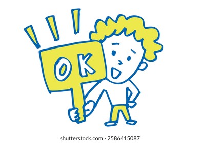 Hand-drawn illustration of a cute woman making an OK sign