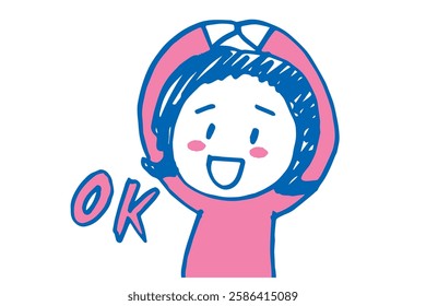 Hand-drawn illustration of a cute woman making an OK sign