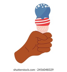 Handdrawn illustration of dark skin hand holding an ice-cream with Amercian flag. Vector design for 4th of July.