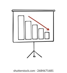 Uma ilustração desenhada à mão de um gráfico de barras em declínio em uma tela de apresentação, indicando uma tendência de queda no desempenho