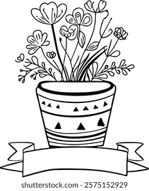 Hand-drawn illustration of a decorative flower pot with vibrant floral arrangement. flower pot, floral arrangement, flowers, plants, black and white, line art, illustration, decorative, tribal