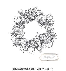 Hand-drawn illustration of a decorative food wreath made from vegetables, herbs, and bacon. The circular arrangement includes  festive ingredients,  rustic aesthetic. For Christmas-themed designs