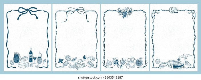 Hand-drawn illustration with a decorative wavy frame, ribbon, and Mediterranean food elements such as cheese, wine, mussels, vegetables, fruits, shells, and marine motifs. Suitable for menu design