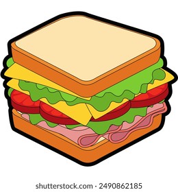 Hand-drawn illustration of a delicious sandwich with layers of lettuce, tomato, cheese, and ham. Perfect for menus, food blogs, and culinary designs