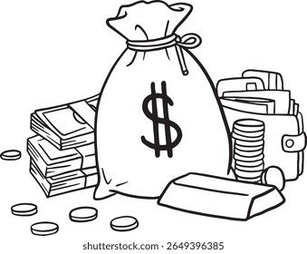 Ilustração desenhada à mão representando um grande saco de dinheiro com um sinal de dólar, rodeado por pilhas de notas, moedas, uma carteira e uma barra de ouro. Este versátil conjunto de ícones é ideal para temas relacionados com wea