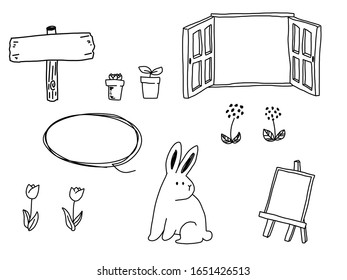 A hand-drawn illustration depicting a rabbit and gardening as motifs. 