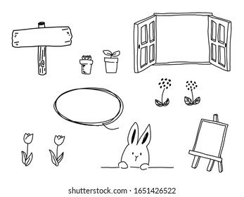 A hand-drawn illustration depicting a rabbit and gardening as motifs.