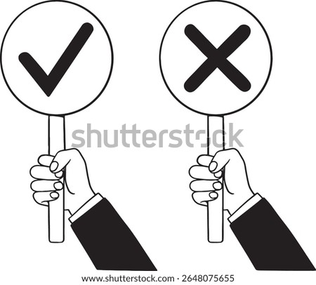 Hand-drawn illustration depicting two hands, each holding a sign: one with a checkmark for "yes" or "correct," and the other with an "X" mark for "no" or "incorrect." This visual is perfect for repres