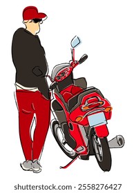 A hand-drawn illustration depicting a young man standing beside his red motorcycle. Sketch drawing isolated on white.